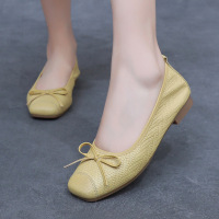 春秋款真皮浅口单鞋女蝴蝶结平跟软底通勤鞋舒适奶奶四季鞋