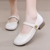 柔软褶皱真皮平底玛丽珍春秋方头扣带复古软底真皮舒适女单鞋