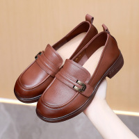 真皮厚底休闲乐福鞋25年春秋新款百搭圆头英伦粗跟软底复古小皮鞋