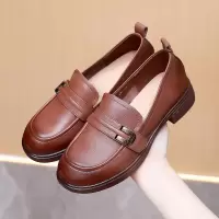 真皮厚底休闲乐福鞋25年春秋新款百搭圆头英伦粗跟软底复古小皮鞋