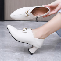 真皮尖头高跟鞋女25春秋季新款气质粗跟妈妈鞋百搭深口四季小皮鞋