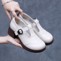 真皮皮鞋厚底软皮粗跟中跟英伦风复古软底小皮鞋四季中年妈妈