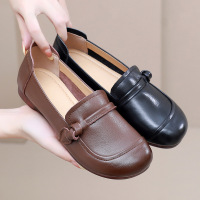 真皮粗跟深口复古女单鞋圆头软底四季一脚蹬低跟单鞋25休闲妈妈鞋