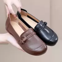 真皮粗跟深口复古女单鞋圆头软底四季一脚蹬低跟单鞋25休闲妈妈鞋