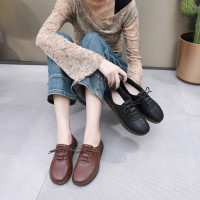 秋季新款手工缝制女单鞋头层牛皮妈妈鞋系带软底鞋真皮四季鞋