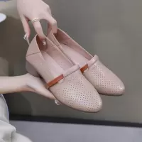 透气洞洞鞋夏秋新款粗跟尖头真皮镂空复古软底四季单鞋女