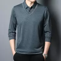 男士POLO 春秋季长袖假两件条纹翻领T恤中年宽松休闲男装