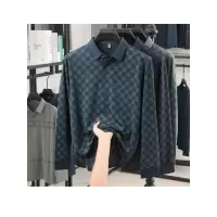 男士春秋长袖polo衫中年休闲衬衣领宽松立体格子T恤男装半袖上衣