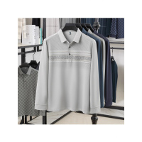 秋季新款Polo衫印花宽松中年男士长袖翻领T恤衫条纹衬衫领爸爸装