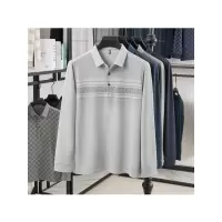 秋季新款Polo衫印花宽松中年男士长袖翻领T恤衫条纹衬衫领爸爸装