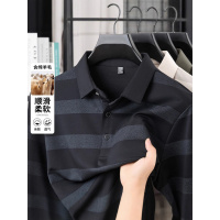 秋季新款长袖T恤男中老年翻领条纹打底衫商务休闲polo衫