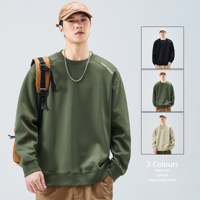 |男装春季男士翻领长袖新款重磅卫衣圆领无帽纯色卫衣