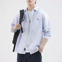 |美式休闲男士衬衫纯色早秋新长袖男生装衬衣潮流宽松外套