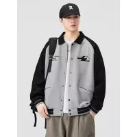 |美式早秋季设计高级感开衫卫衣外套版拼接翻领字母印花款