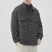 |冬季加绒男装格子格纹外套多口袋落肩休闲毛呢夹克外套男