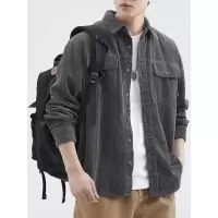 |工装衬衫男士秋季新款灯芯绒美式复古拼接潮牌休闲外套男