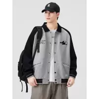 |美式早秋季设计高级感开衫卫衣外套版拼接翻领字母印花款