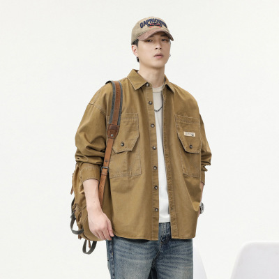 |高级感工装衬衫男士秋冬新款全棉百搭开衫长袖衬衣外套男