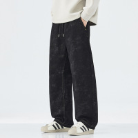 |修身新款秋季日系复古斜纹黑牛脏染工艺直筒弯刀裤青少年