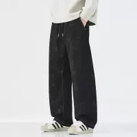 |修身新款秋季日系复古斜纹黑牛脏染工艺直筒弯刀裤青少年