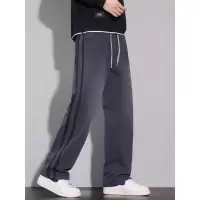 |早秋季男士直筒裤复古水洗磨白仿牛织带松紧腰阔腿宽松裤