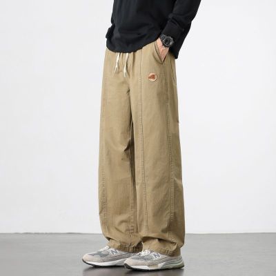 |秋季新款宽松直筒长裤男士美式潮牌拼接松紧腰纯棉休闲裤