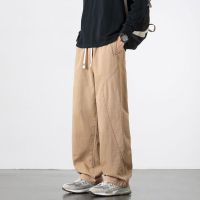 |秋季新款宽松直筒长裤男美式潮牌拼接松紧腰纯棉休闲裤
