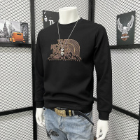 字母印花时尚修身长袖体恤打底衫烫钻圆领卫衣男士秋冬新款上衣潮