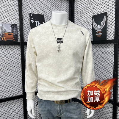 秋冬吊染烧花刺绣冬季圆领加绒加厚保暖卫衣冬男士长袖体恤衫