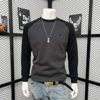 秋冬新款加绒潮流美式街头战马印花长袖T恤男卫衣拼接撞色高级感