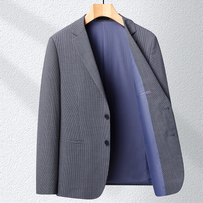 春秋薄款千鸟格男式修身西服弹力免烫西装休闲单西男