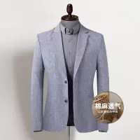 棉麻西装春夏薄款男士休闲西装修身开衩小西装亚麻外套男