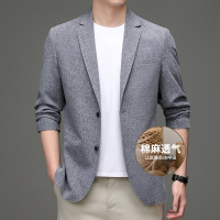 棉麻西装春秋薄款男士休闲西装修身开衩小西装亚麻外套男
