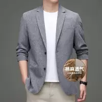 棉麻西装春秋薄款男士休闲西装修身开衩小西装亚麻外套男