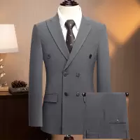 轻奢戗驳领双排扣套装西服男士商务西装韩版修身正装婚礼结婚西服