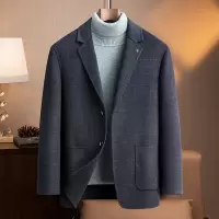 双面呢羊毛西服秋冬新款男士简约修身中年格子西装休闲羊毛外套男