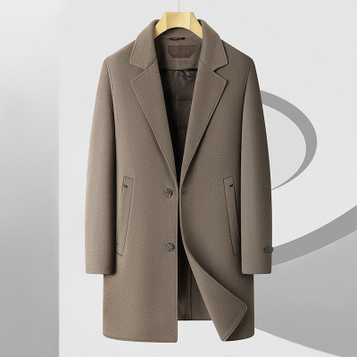 100%绵羊毛双面呢大衣男士脱卸围巾鹅绒内胆中长款羊毛大衣男外套
