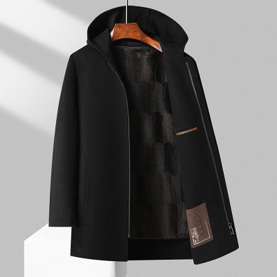 100%羊毛秋冬连帽双面呢中长大衣金丝绒内胆尼大衣风衣男妮子大衣