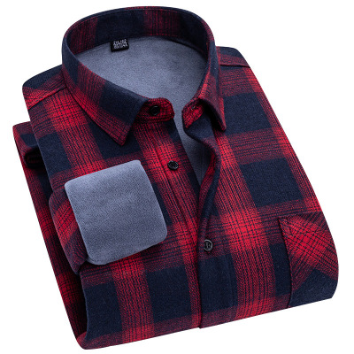 一体绒格子保暖长袖衬衫男秋冬新款男式加绒加厚保暖衬衣