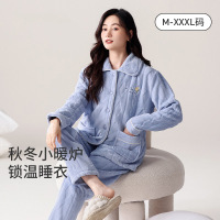 新款珊瑚绒睡衣女秋冬款保暖法兰绒可外翻领穿女士家居服套装