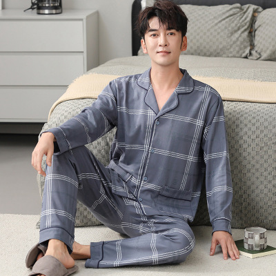 睡衣男士秋冬季棉质长袖开衫翻领青少年休闲宽松家居服套装可外穿