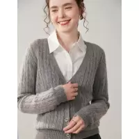 V领羊绒开衫女纯色双股加厚开衫小麻花宽松显瘦针织外套毛衣