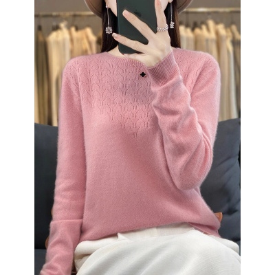 一线成衣气质新款圆领镂空纯羊毛针织上衣秋冬新款套头百搭毛衣