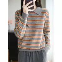 娃娃领秋冬新款长袖羊毛衫女打底衫洋气宽松圆翻领条纹毛衣