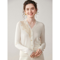 山羊绒针织开衫女V领蕾丝花边亲肤羊绒休闲宽松大码针织打底外套