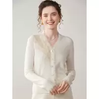 山羊绒针织开衫女V领蕾丝花边亲肤羊绒休闲宽松大码针织打底外套