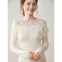 新款山羊绒针织衫女立体花朵一字肩长袖套头内搭时尚休闲打底毛衣