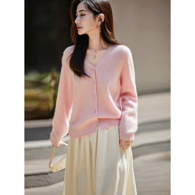 春秋韩版V领羊毛开衫女宽松软糯短款毛衣外套拉毛长袖上衣针织衫