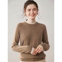 秋冬新款假两件圆领纯色山羊绒衫女士休闲宽松百搭针织打底毛衣女