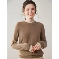 秋冬新款假两件圆领纯色山羊绒衫女士休闲宽松百搭针织打底毛衣女